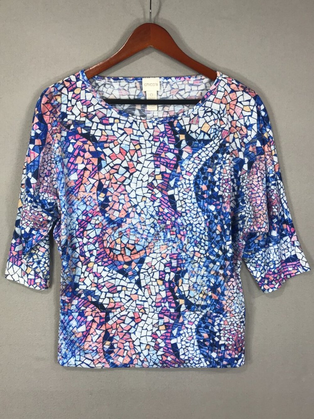 Chico's Top Womens 0 Blue Glass Abstract Pullover Blouse Scoop 3/4 Dolman Sleeve